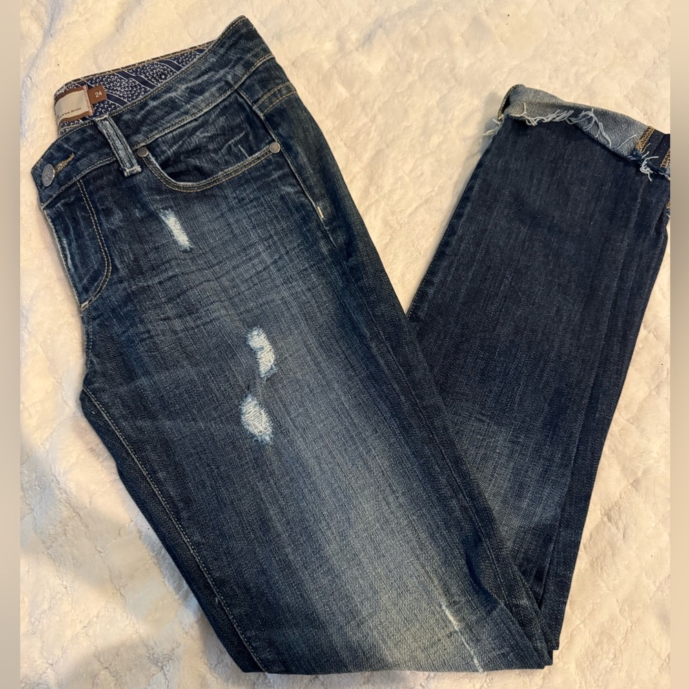 PAIGE Dark Blue Distressed Boyfriend Jeans